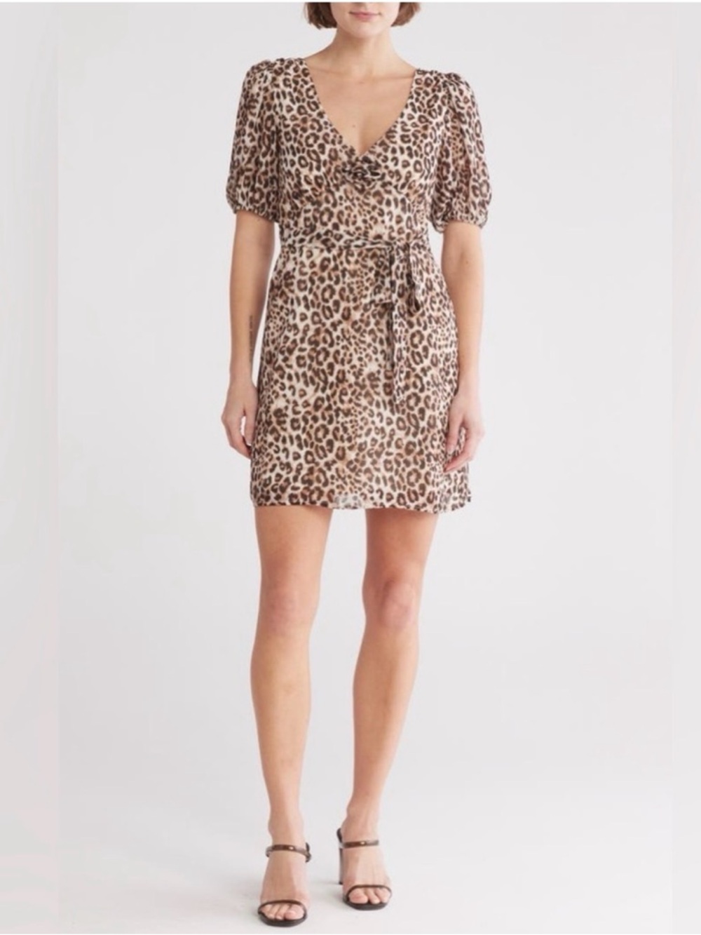 Wayf Leopard Print V-Neck Tie-Waist Mini Dress - Brown NWOT